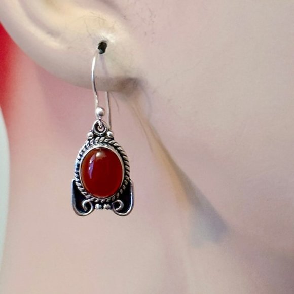 Red Carnelian  Earrings, Sterling Silver, Pierced, Red Stone, Dangle Earrings - Picture 2 of 4